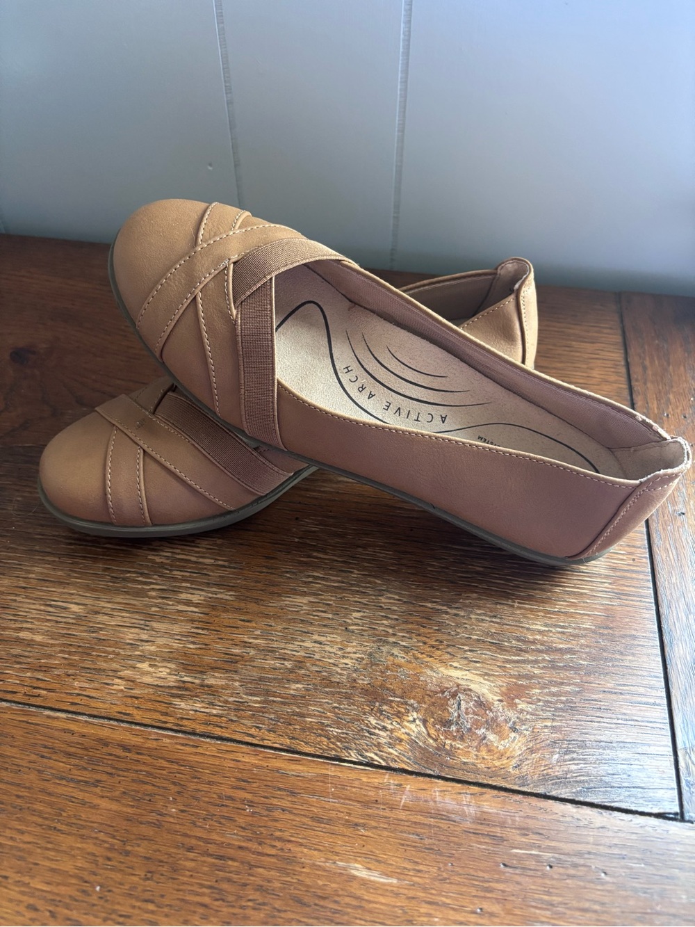 Life Stride Women’s Tan Slip-On Ballet Flats with Elastic Cross Straps